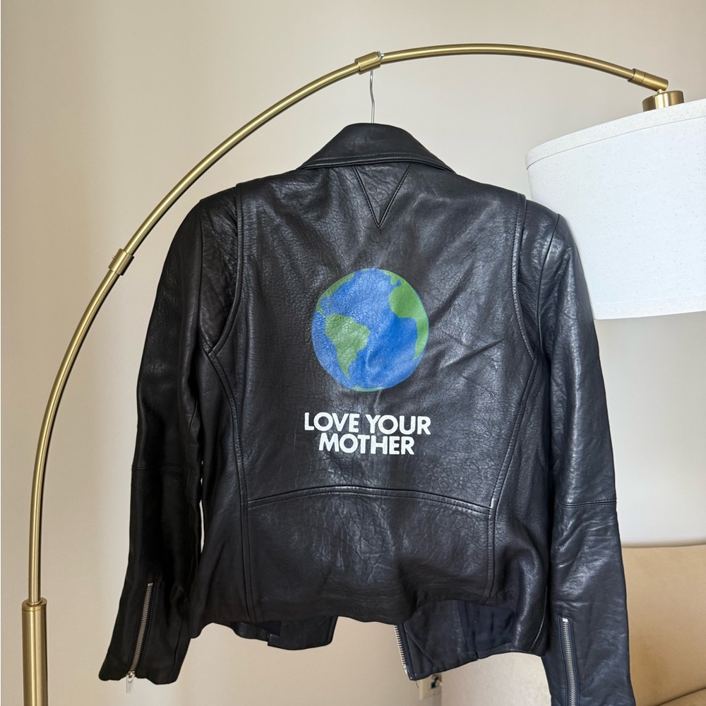 Reformation Black Leather Jacket with Earth Design